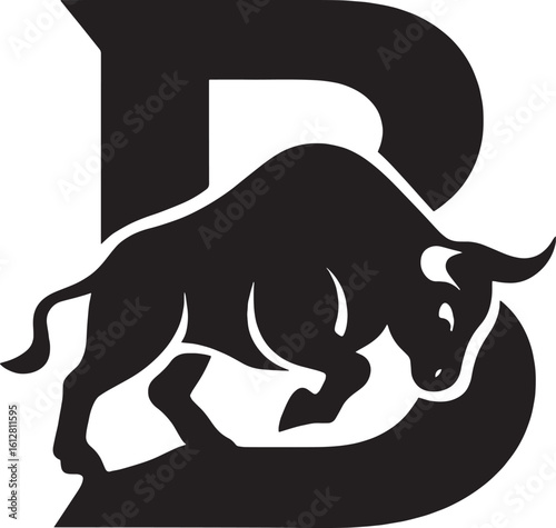 Black bull silhouette charging in front of a large letter B animal white