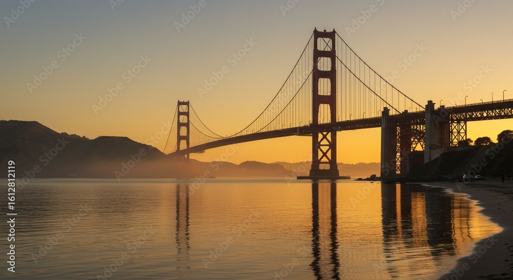 Golden sunrise over suspension bridge Golden sunrise over suspension bridge