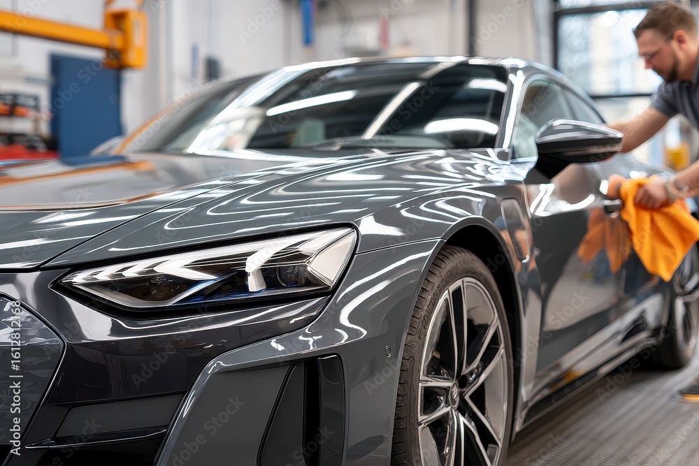 Man polishing dark gray car Man polishing dark gray car