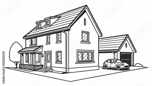 Detailed Line Art Illustration of a Traditional Suburban House with Garage and Car on Driveway