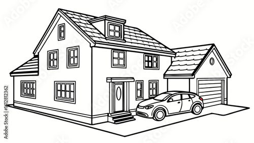 Detailed Line Art Illustration of a Modern Suburban House with an SUV Parked in the Driveway, Featuring an Attached Garage and Multiple Windows