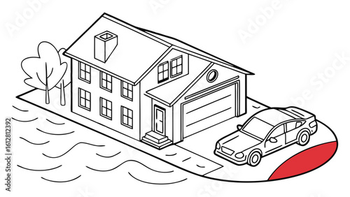 Isometric Line Art Illustration of a Modern Suburban House with Garage and Car in Driveway, Depicting a Typical Residential Property Scene