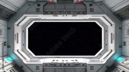 Traveling Through Futuristic Spaceship Interior with Starfield View