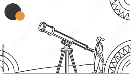 Minimalist Line Art: Person with Telescope for Astronomical Observation, Scientific Discovery, and Cosmos Exploration