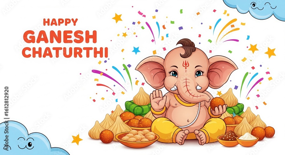 Obraz premium Cute Baby Ganesha with Modaks – Happy Ganesh Chaturthi Cartoon Wallpaper for Kids
