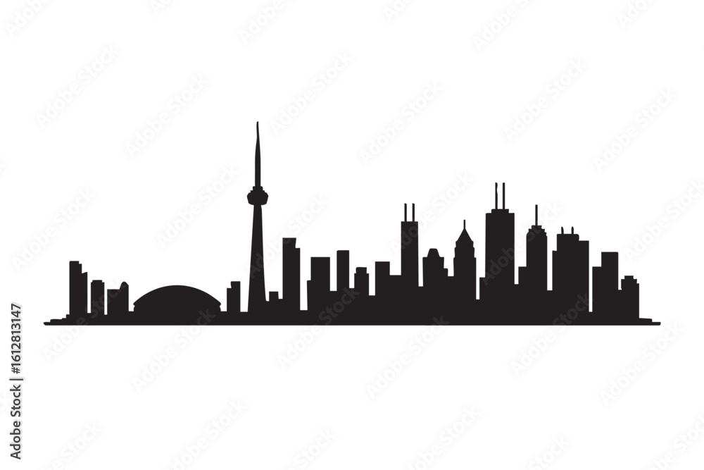 Obraz premium Black and white silhouette illustration of a city skyline with a tall tower vector