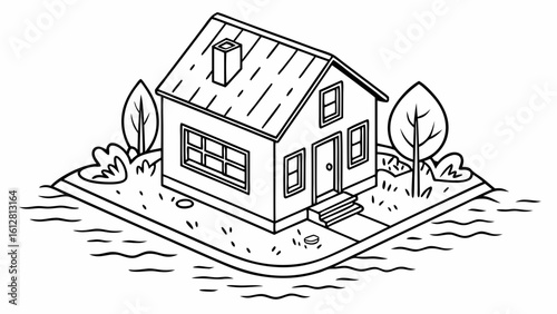 Isometric House Illustration on Island Plot with Trees and Water in Black and White Line Art Style