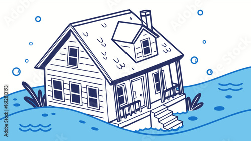 Flooded House Illustration: Residential Building Submerged in Rising Water, Concept of Home Damage from Natural Disaster or Climate Change Impact