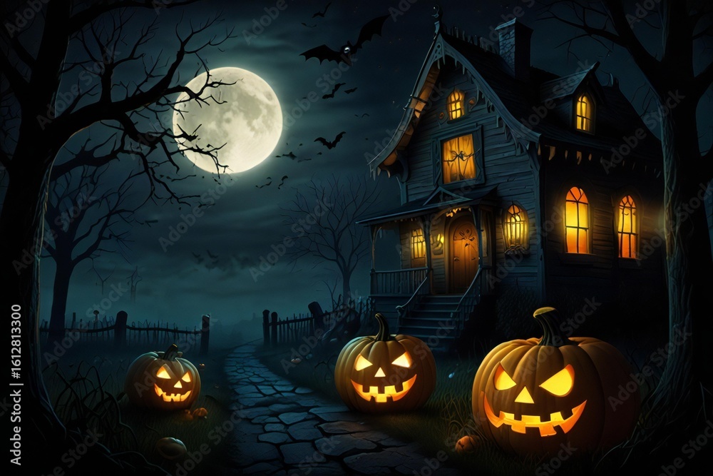 Fototapeta premium Spooky haunted house and jack o lanterns under a full moon