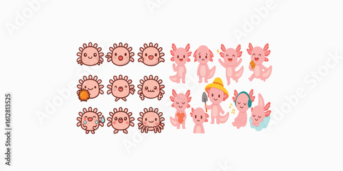 Print   Cute axolotl characters expressing various emotions and activities in a colorful vector flat illustration