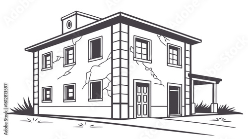 Cracked Old House Vector Illustration. Damaged Residential Building Line Art. Home in Disrepair. Monochrome Drawing of an Aged Structure with Wall ...