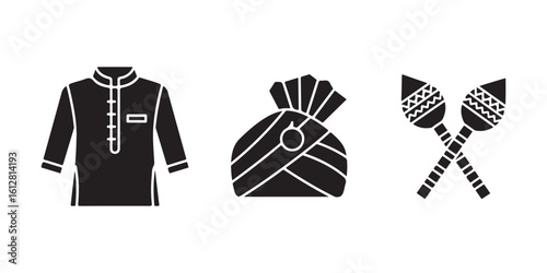 Black and white festival icons kurta turban and crossed maracas on white background
