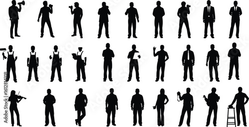 Silhouettes of professionals and workers in various occupations, business people, construction, music, media, career concept, vector illustration design elements