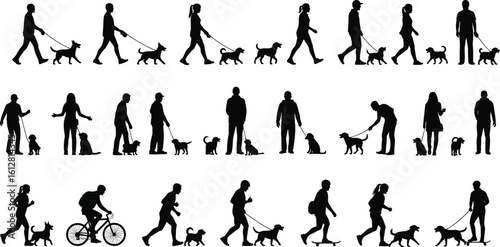 Silhouettes of people walking, running, playing with dogs, family and pet activities, outdoor exercise, black vector illustration design elements