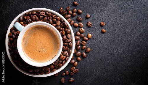 Wallpaper Mural Cup of Fresh Espresso Surrounded by Coffee Beans on a Dark Textured Background Torontodigital.ca