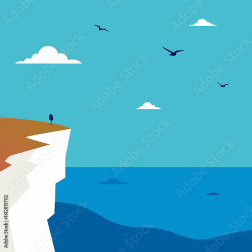 Lone figure on cliff overlooking ocean with birds and clouds