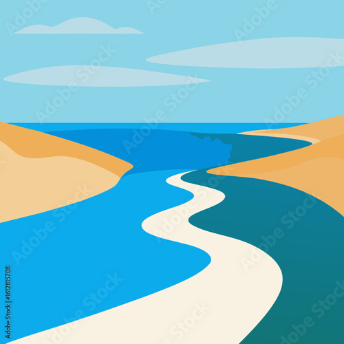 Abstract landscape of a winding river through sandy dunes