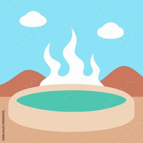 Stylized hot spring with steam and mountains