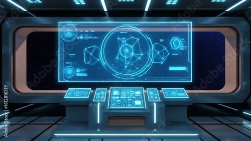Navigating Starfield: Spaceship Interior With Futuristic Control Panel Displaying Data, Glowing Blue