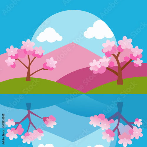 Spring cherry blossoms reflected in water under a blue sky