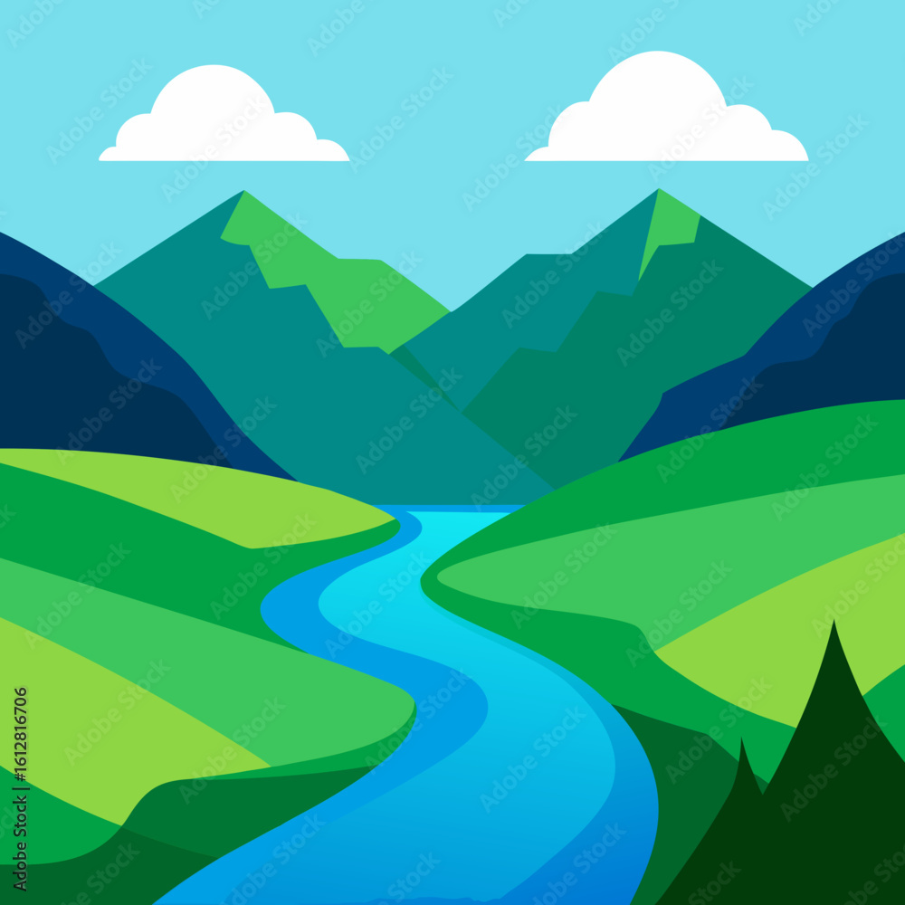 Fototapeta premium Serene mountain landscape with winding river and clouds