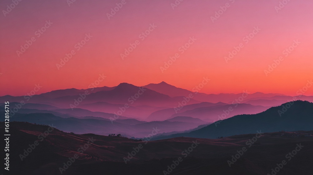 Pink And Orange Sunset Over Rolling Hills Silhouette. High quality Pink And Orange Sunset Over Rolling Hills Silhouette. High quality