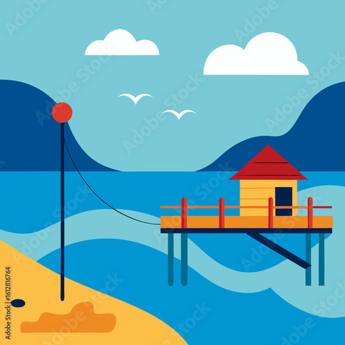 Coastal scene with beach hut and seagulls