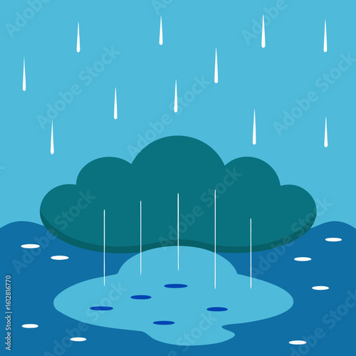 Stylized rain falling from a cloud onto a puddle and water