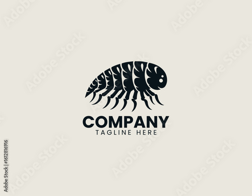 Stylized black silhouette of an isopod with segmented body and multiple legs. Entomology illustration concept