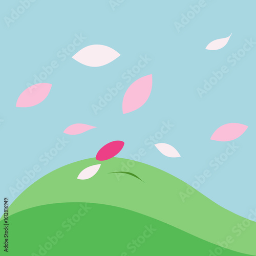 Gentle spring breeze carries pink petals over rolling green hills