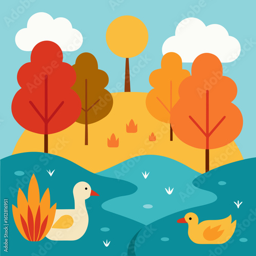 Autumnal park scene with ducks and colorful trees