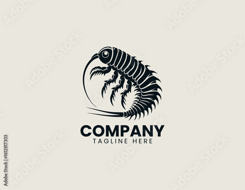 Stylized black silhouette of an isopod with segmented body and multiple legs. Entomology illustration concept