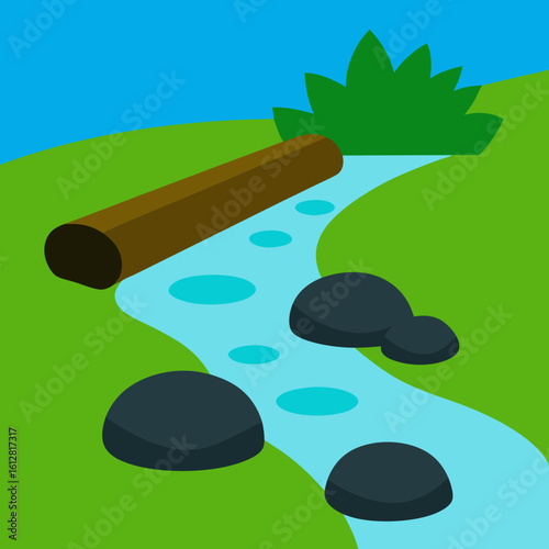 Stylized stream with log and rocks in a grassy landscape