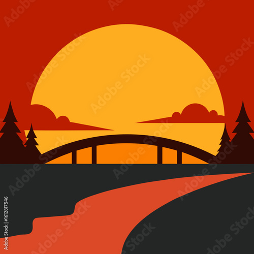 Stylized sunset over a bridge and river