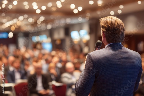 Man speaks into a microphone at a business conference or presentation. Ideal for use in articles about events, speeches, or public speaking.