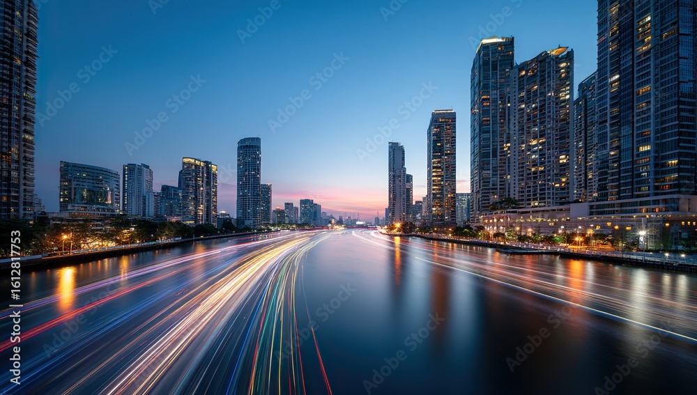 Fototapeta premium Cityscape at dusk with light trails and modern architecture