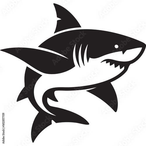 Black silhouette of a shark with sharp teeth and fins black and white marine life