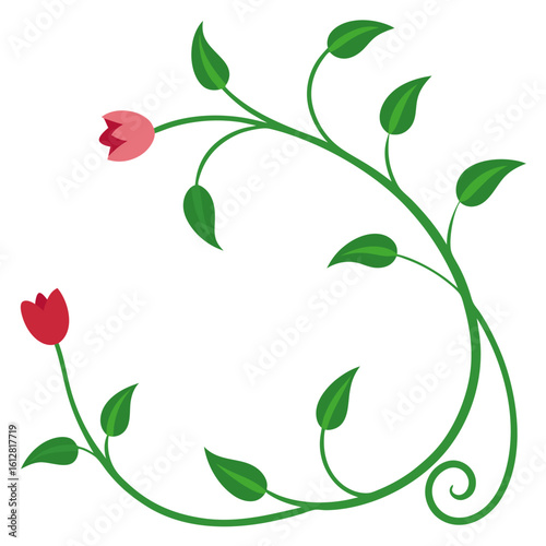 Stylized green vine with red tulips and leaves