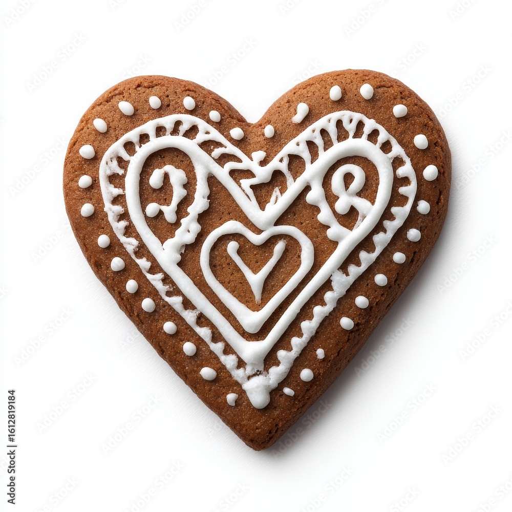 Obraz premium A heart-shaped gingerbread cookie, decorated with white icing, is a sweet treat 