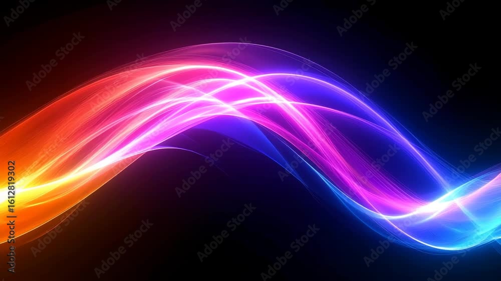Floating light ribbons bending in fluid arcs with soft radiant plasma motion over abstract backdrop