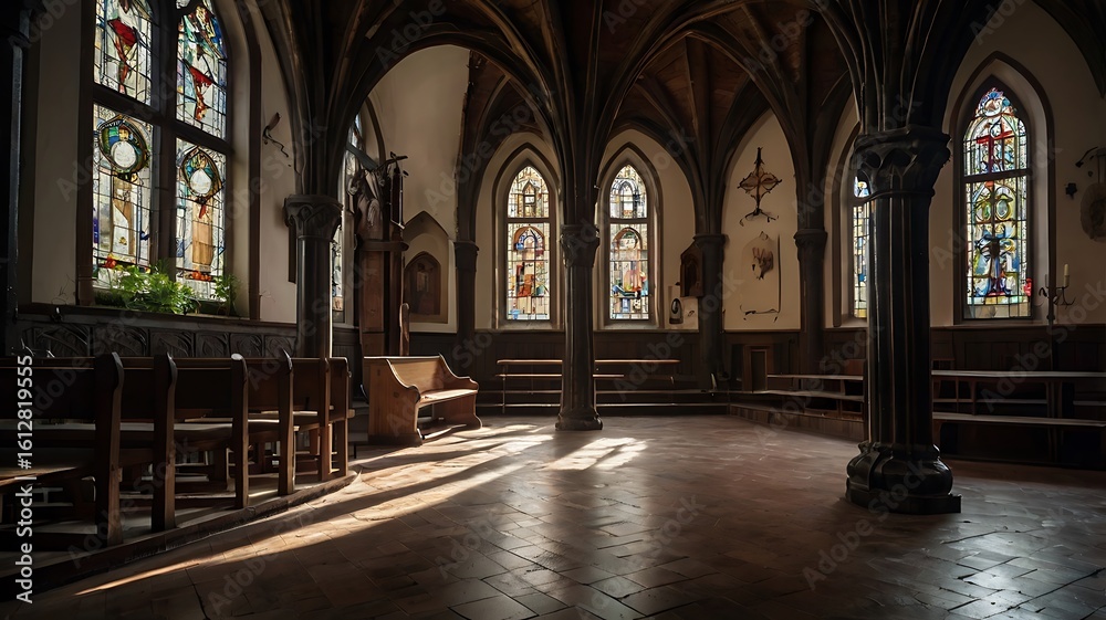 Obraz premium Gothic European church-turned-home interior, dramatic and artistic