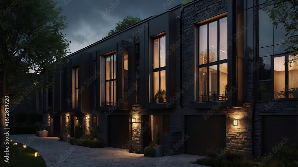 Fototapeta premium Gothic-inspired terrace houses, dark stone, dramatic lighting, moody 3D render
