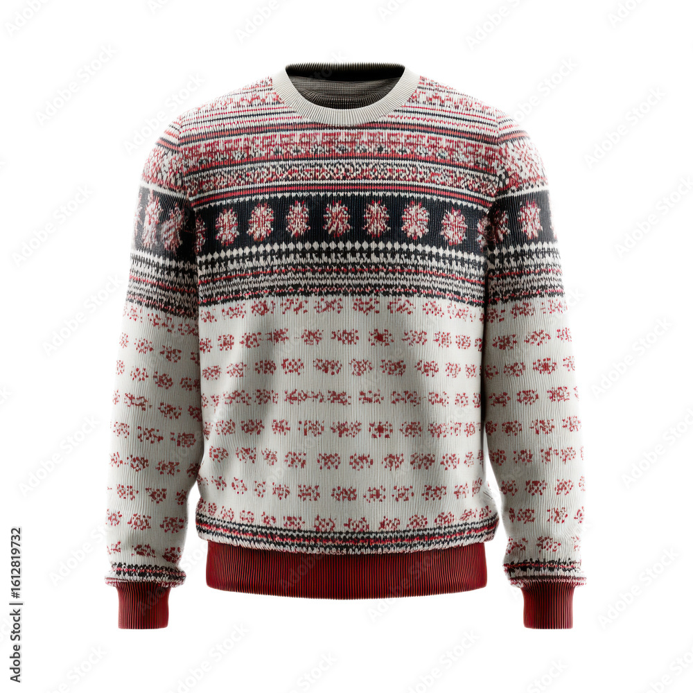 Man is wearing a sweater with a pattern of red and black dots