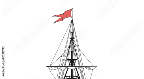 Ship mast with crow’s nest and red flag in color illustration