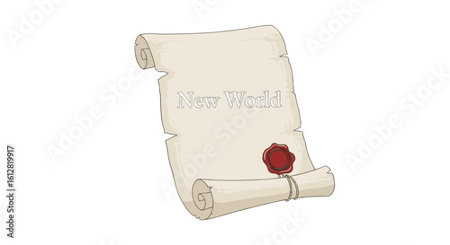  Aged scroll with "New World" text and red wax seal illustration