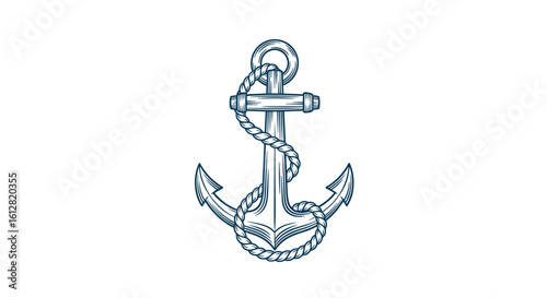 Nautical anchor with rope illustration in blue and white style