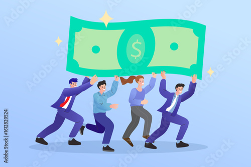 Business team working together to lift a giant money bill, symbolizing collective success and financial collaboration.