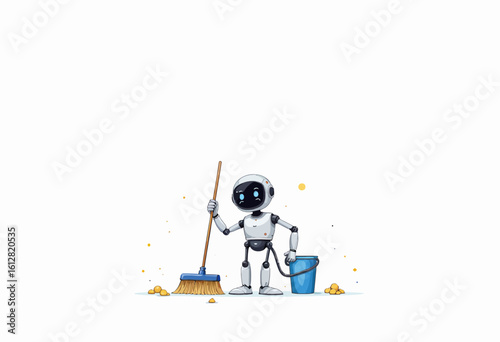 Robot character cleaning with broom and bucket on white background -  