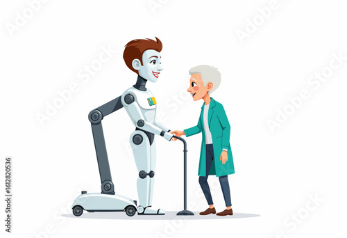 Elderly woman shaking hands with a friendly robot caregiver  