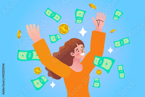 Cheerful woman raising hands while cash falls around her, symbolizing financial success or lottery win.